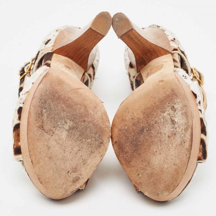 Pre Owned Dolce & Gabbana Beige Leopard Print Calfhair and Crochet Floral D'Orsay Pumps Size 38