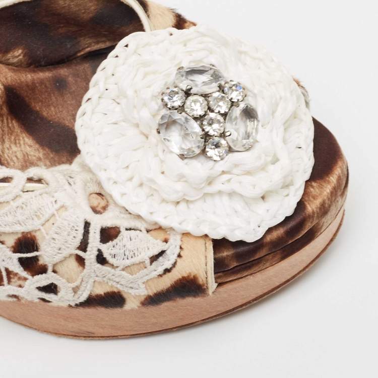 Pre Owned Dolce & Gabbana Beige Leopard Print Calfhair and Crochet Floral D'Orsay Pumps Size 38
