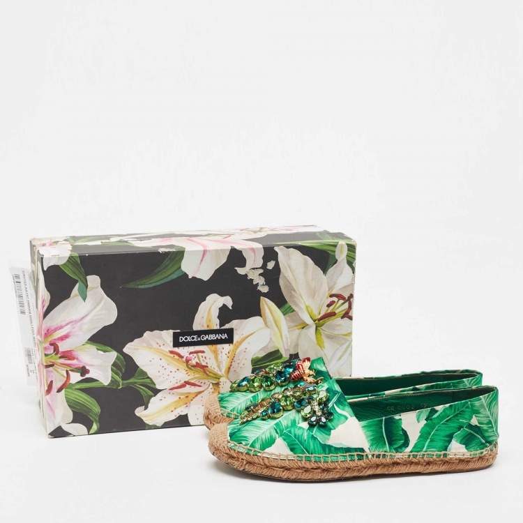 Pre Owned Dolce & Gabbana Green/White Floral Print Satin Embellished Espadrille Flats Size 39
