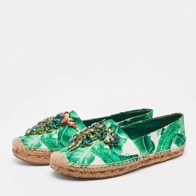 Pre Owned Dolce & Gabbana Green/White Floral Print Satin Embellished Espadrille Flats Size 39