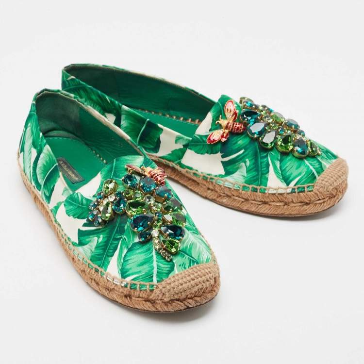 Pre Owned Dolce & Gabbana Green/White Floral Print Satin Embellished Espadrille Flats Size 39