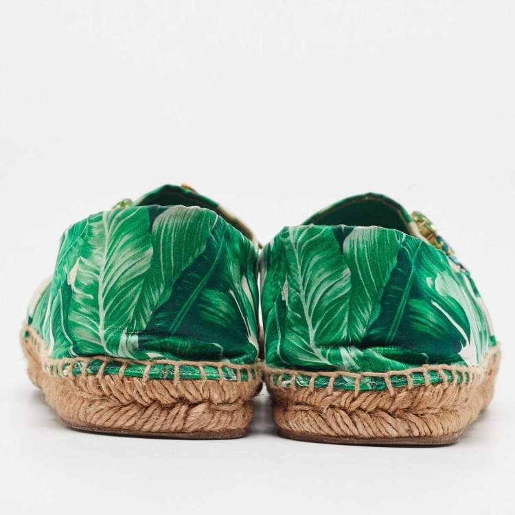 Pre Owned Dolce & Gabbana Green/White Floral Print Satin Embellished Espadrille Flats Size 39
