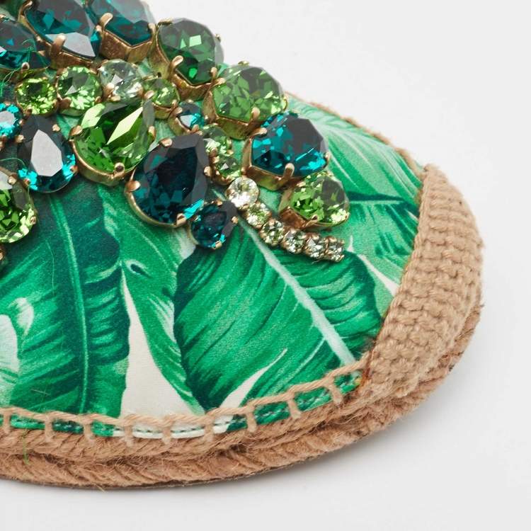 Pre Owned Dolce & Gabbana Green/White Floral Print Satin Embellished Espadrille Flats Size 39