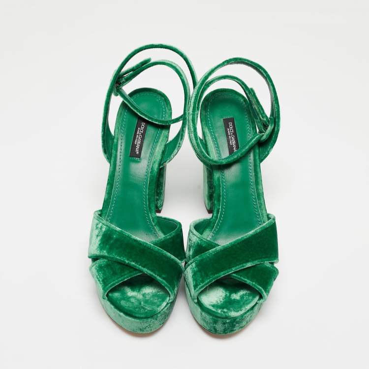 Pre Owned Dolce & Gabbana Green Velvet Keira Platform Ankle Wrap Sandals Size 38