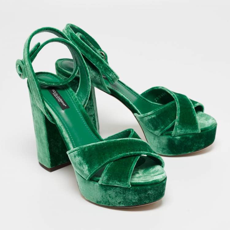Pre Owned Dolce & Gabbana Green Velvet Keira Platform Ankle Wrap Sandals Size 38