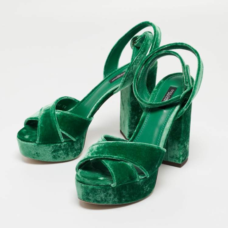 Pre Owned Dolce & Gabbana Green Velvet Keira Platform Ankle Wrap Sandals Size 38