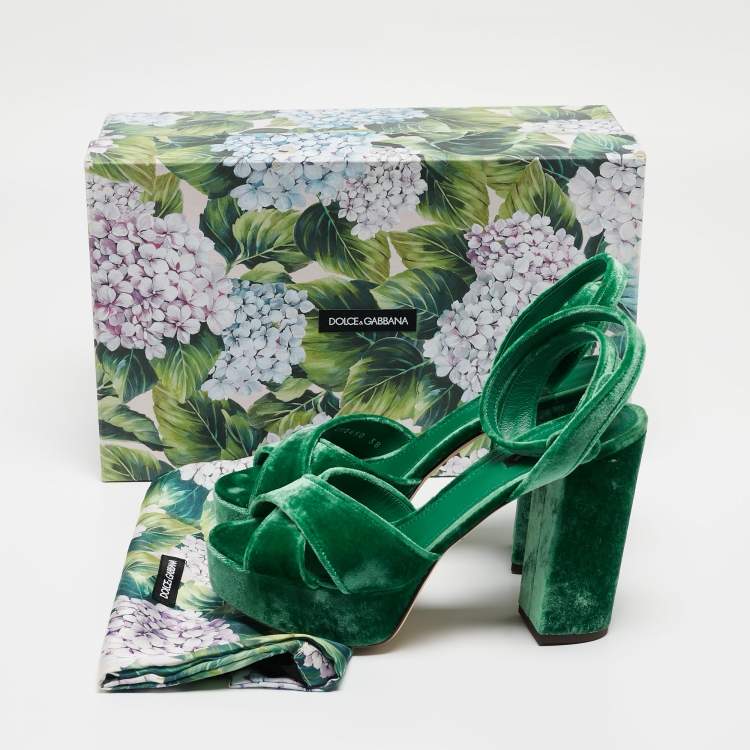 Pre Owned Dolce & Gabbana Green Velvet Keira Platform Ankle Wrap Sandals Size 38