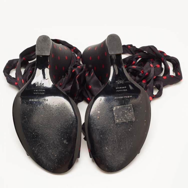 Pre Owned Dolce & Gabbana Black Satin Ankle Wrap Wedge Sandals Size 38.5