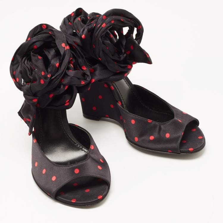 Pre Owned Dolce & Gabbana Black Satin Ankle Wrap Wedge Sandals Size 38.5