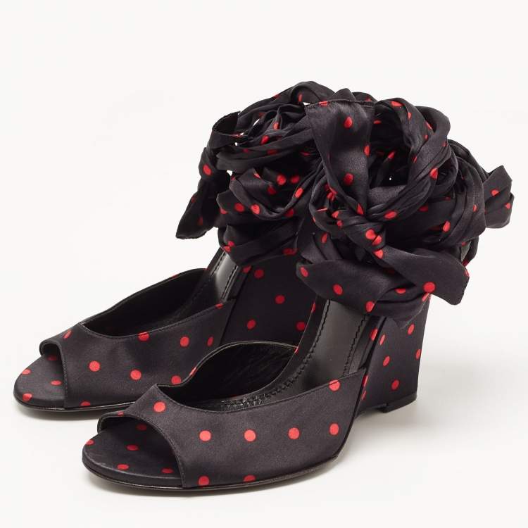Pre Owned Dolce & Gabbana Black Satin Ankle Wrap Wedge Sandals Size 38.5