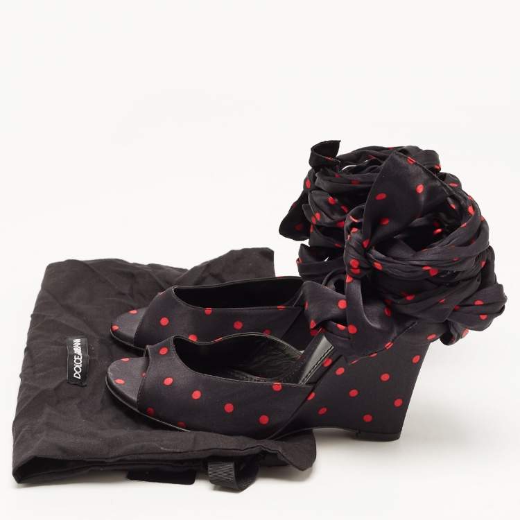 Pre Owned Dolce & Gabbana Black Satin Ankle Wrap Wedge Sandals Size 38.5