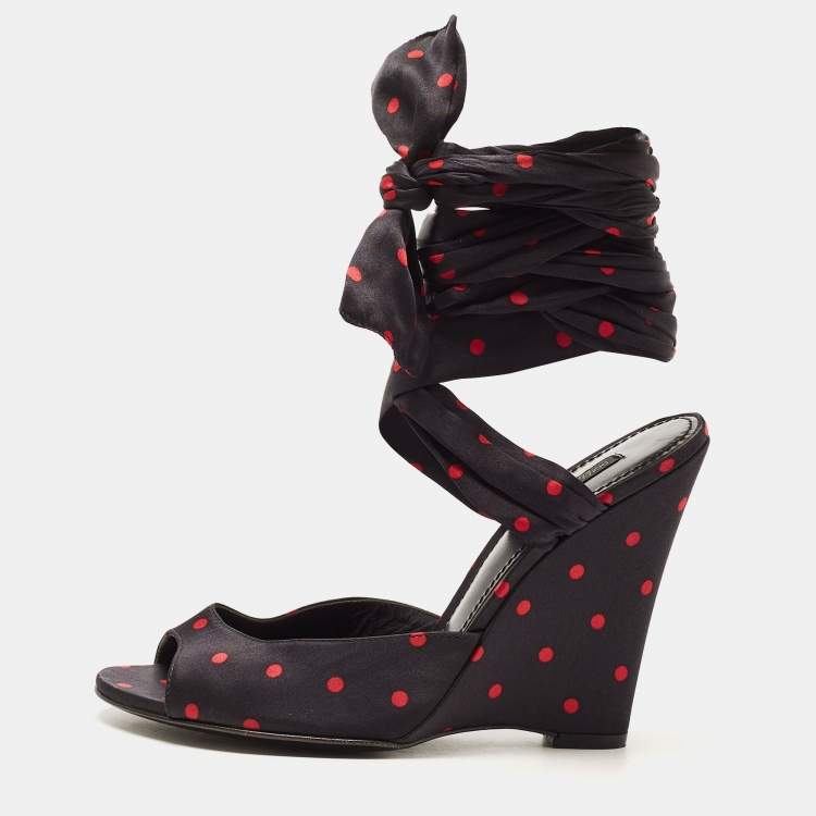Pre Owned Dolce & Gabbana Black Satin Ankle Wrap Wedge Sandals Size 38.5