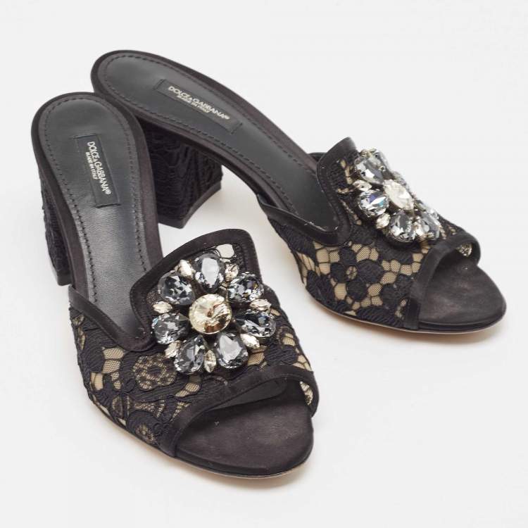 Pre Owned Dolce & Gabbana Black Satin and Mesh Bianca Open Toe Sandals Size 38
