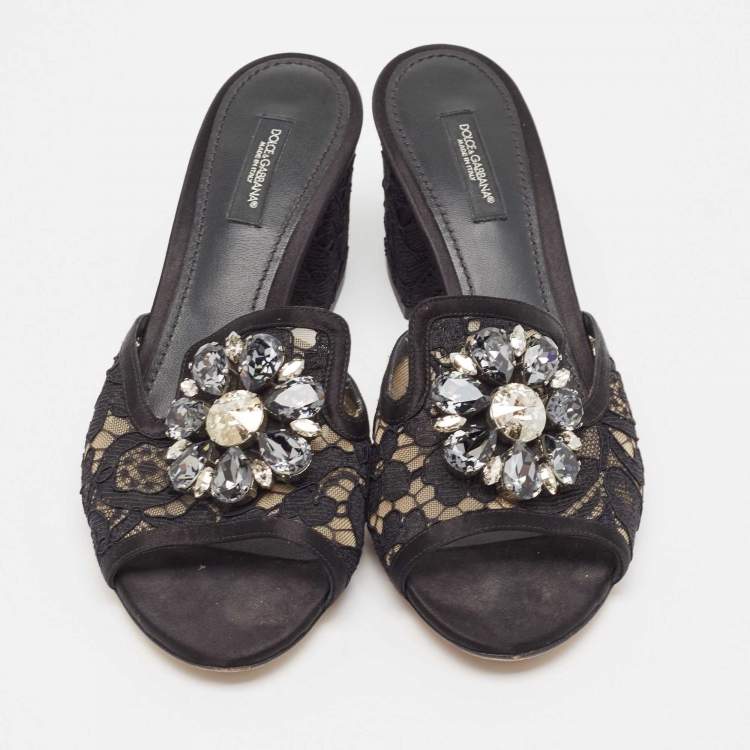 Pre Owned Dolce & Gabbana Black Satin and Mesh Bianca Open Toe Sandals Size 38
