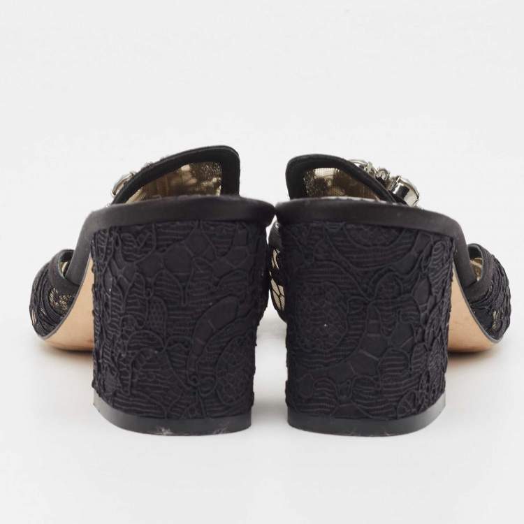 Pre Owned Dolce & Gabbana Black Satin and Mesh Bianca Open Toe Sandals Size 38