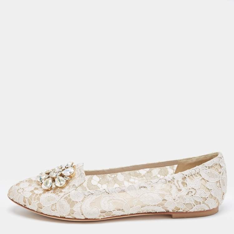 Pre Owned Dolce & Gabbana White Lace Crystal Embellishments Ballet Flats Size 41