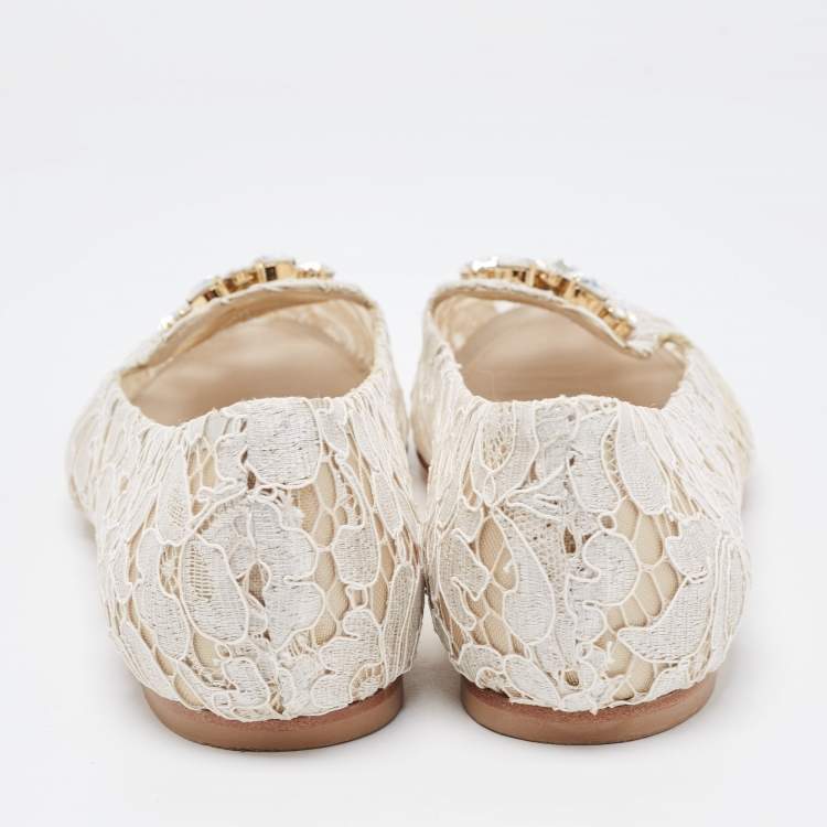 Pre Owned Dolce & Gabbana White Lace Crystal Embellishments Ballet Flats Size 41