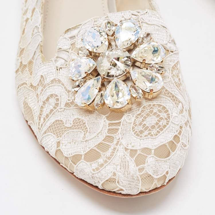 Pre Owned Dolce & Gabbana White Lace Crystal Embellishments Ballet Flats Size 41