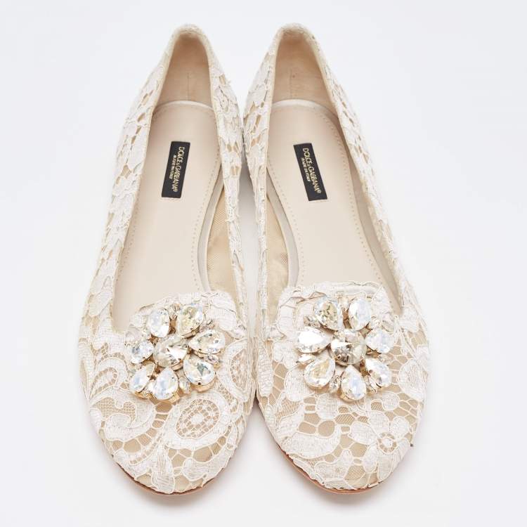 Pre Owned Dolce & Gabbana White Lace Crystal Embellishments Ballet Flats Size 41