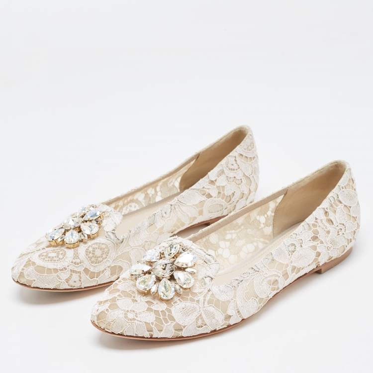 Pre Owned Dolce & Gabbana White Lace Crystal Embellishments Ballet Flats Size 41