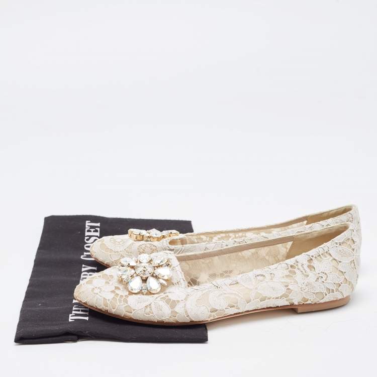 Pre Owned Dolce & Gabbana White Lace Crystal Embellishments Ballet Flats Size 41