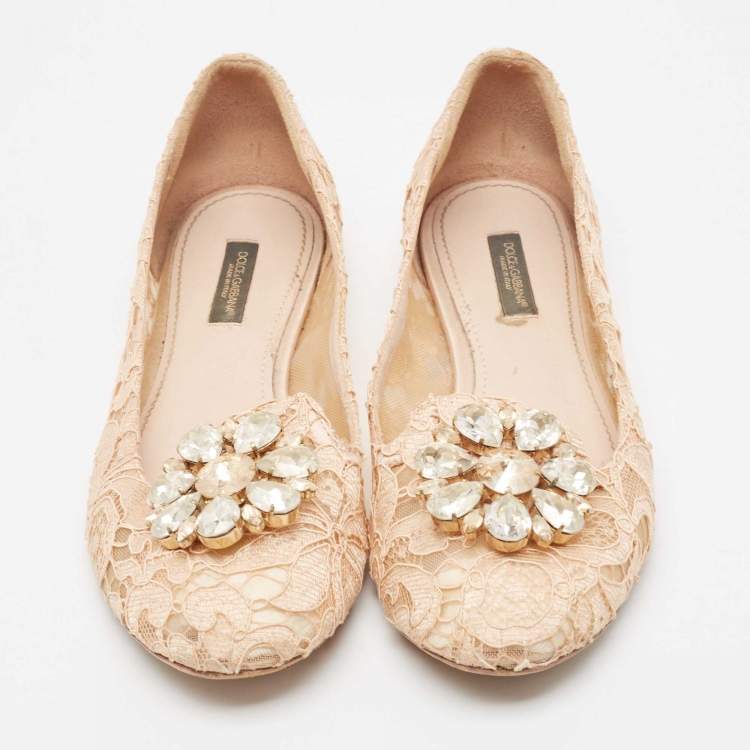 Pre Owned Dolce & Gabbana Blush Pink Lace Crystal Embellished Ballet Flats Size 37.5