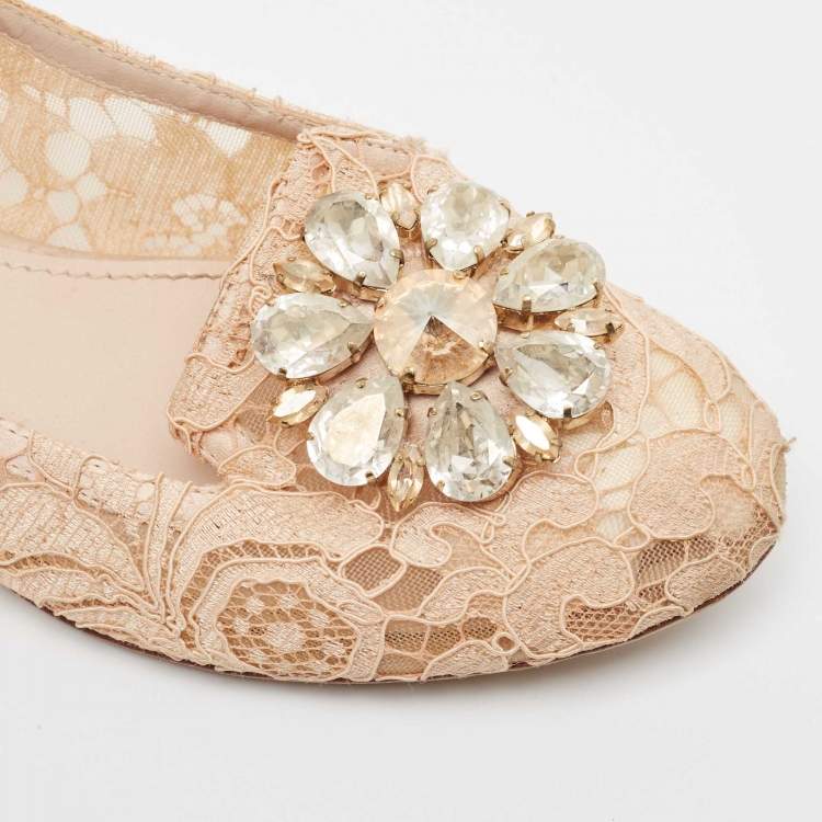 Pre Owned Dolce & Gabbana Blush Pink Lace Crystal Embellished Ballet Flats Size 37.5