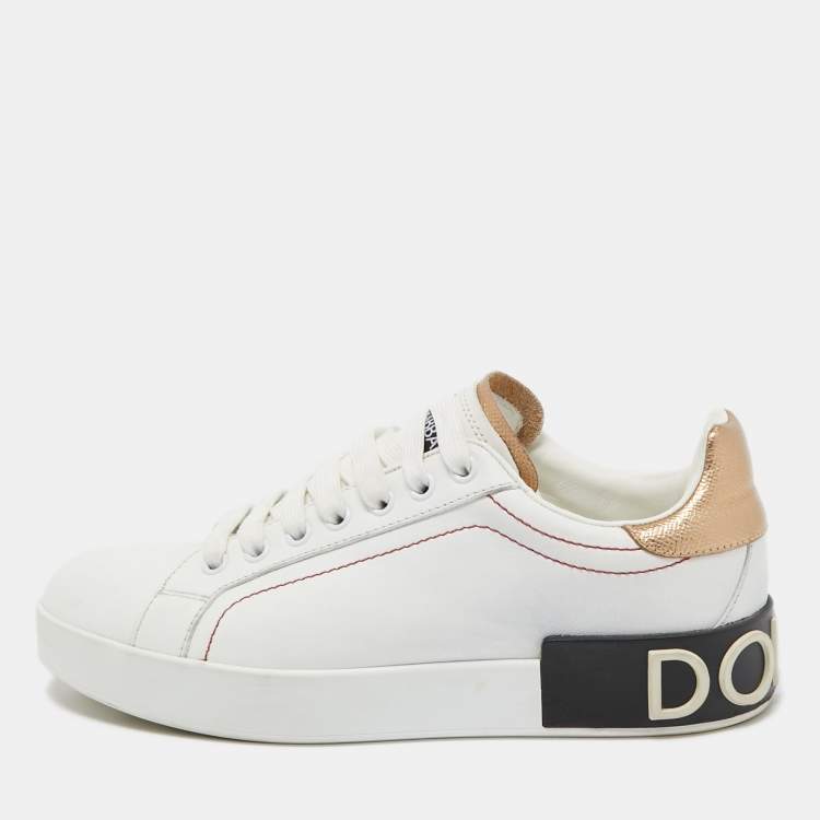 Pre Owned Dolce & Gabbana White/Gold Leather Portofino Low Top Sneakers Size 37.5