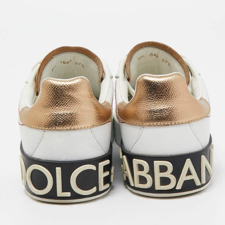 Pre Owned Dolce & Gabbana White/Gold Leather Portofino Low Top Sneakers Size 37.5
