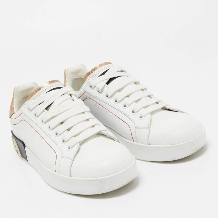 Pre Owned Dolce & Gabbana White/Gold Leather Portofino Low Top Sneakers Size 37.5