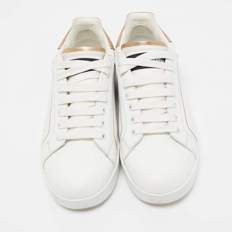 Pre Owned Dolce & Gabbana White/Gold Leather Portofino Low Top Sneakers Size 37.5