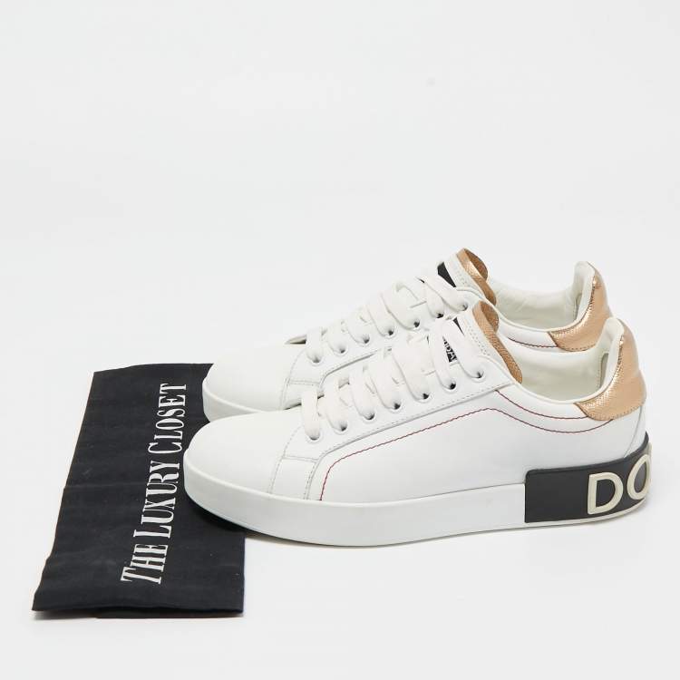 Pre Owned Dolce & Gabbana White/Gold Leather Portofino Low Top Sneakers Size 37.5