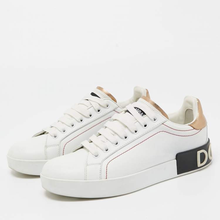 Pre Owned Dolce & Gabbana White/Gold Leather Portofino Low Top Sneakers Size 37.5