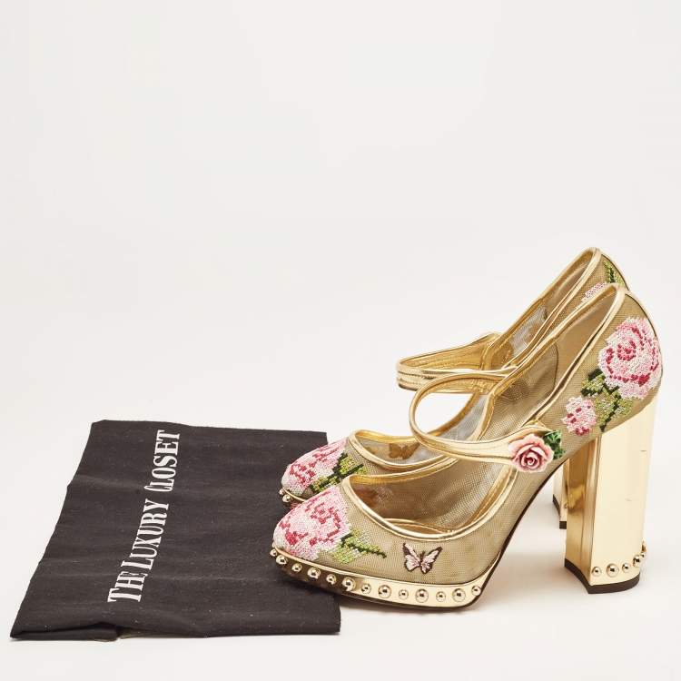 Pre Owned Dolce & Gabbana Gold Mesh and Leather Floral Print Studded Accents Mary Jane Block Heel Pumps Size 40