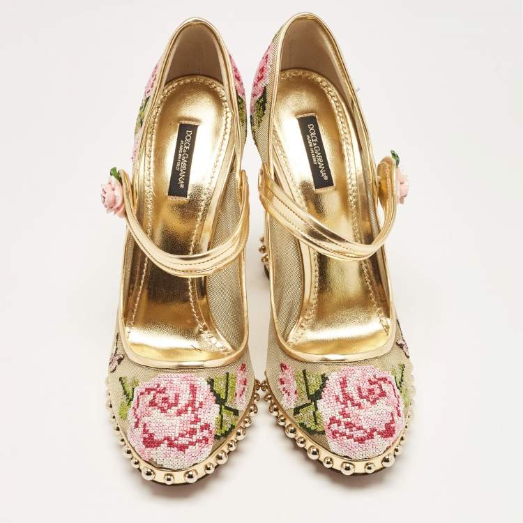 Pre Owned Dolce & Gabbana Gold Mesh and Leather Floral Print Studded Accents Mary Jane Block Heel Pumps Size 40