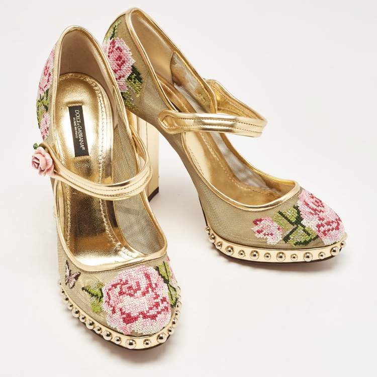 Pre Owned Dolce & Gabbana Gold Mesh and Leather Floral Print Studded Accents Mary Jane Block Heel Pumps Size 40