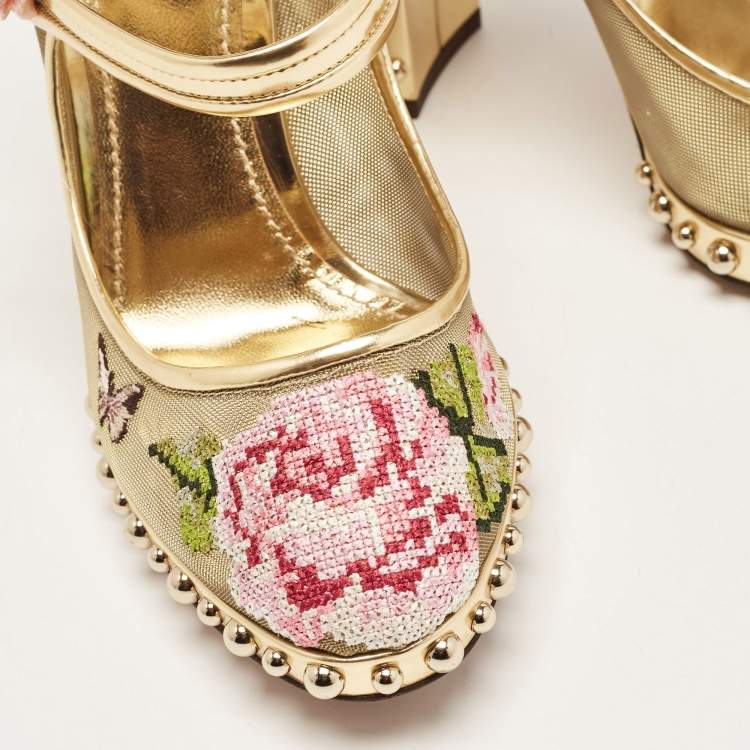 Pre Owned Dolce & Gabbana Gold Mesh and Leather Floral Print Studded Accents Mary Jane Block Heel Pumps Size 40