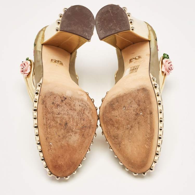 Pre Owned Dolce & Gabbana Gold Mesh and Leather Floral Print Studded Accents Mary Jane Block Heel Pumps Size 40