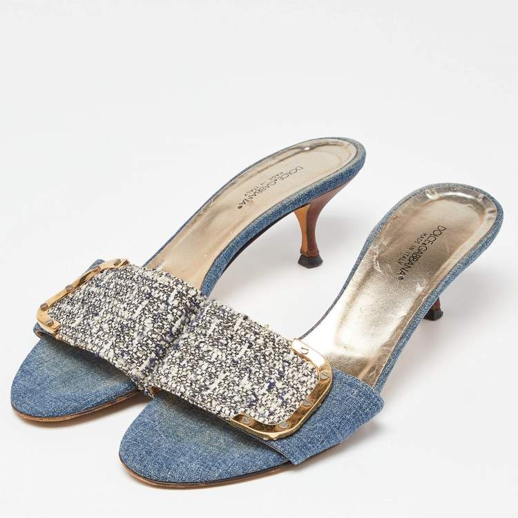 Pre Owned Dolce & Gabbana Blue/White Tweed and Denim Slide Sandals Size 38.5