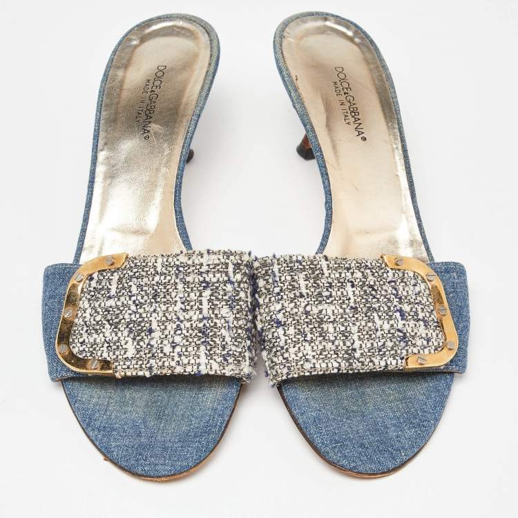 Pre Owned Dolce & Gabbana Blue/White Tweed and Denim Slide Sandals Size 38.5