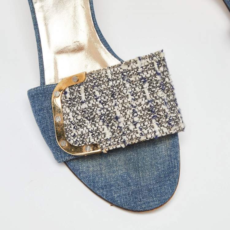Pre Owned Dolce & Gabbana Blue/White Tweed and Denim Slide Sandals Size 38.5