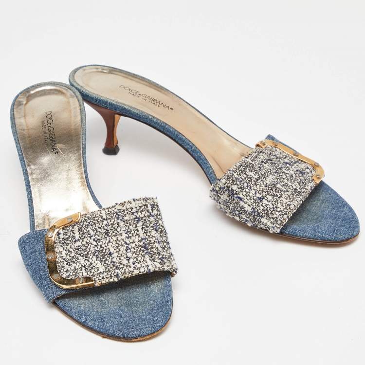 Pre Owned Dolce & Gabbana Blue/White Tweed and Denim Slide Sandals Size 38.5