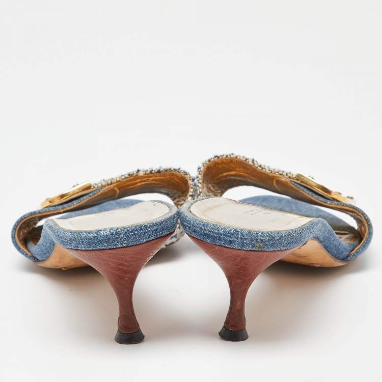 Pre Owned Dolce & Gabbana Blue/White Tweed and Denim Slide Sandals Size 38.5