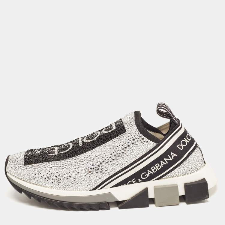 Pre Owned Dolce & Gabbana Silver/Black Fabric Crystal Embellished Sorrento Sneakers Size 41