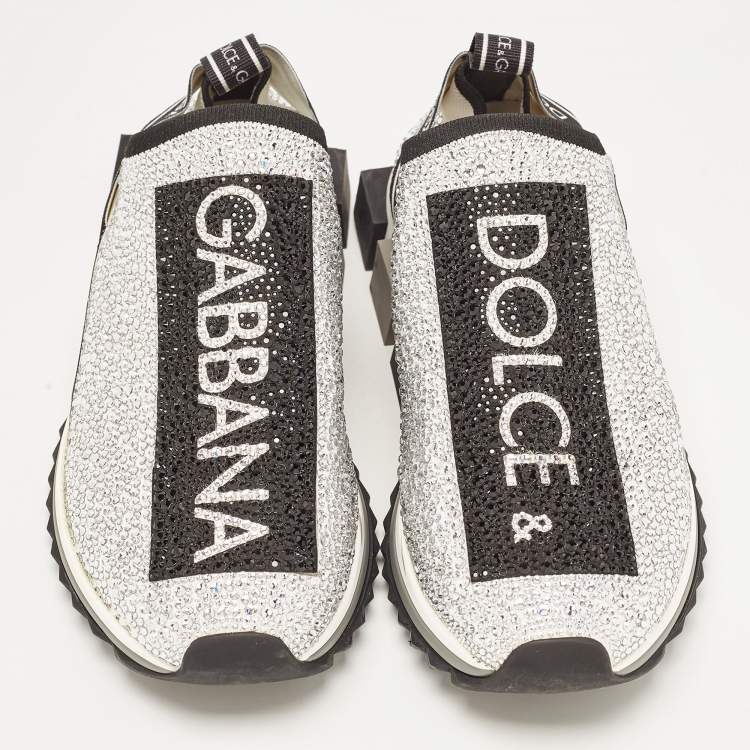 Pre Owned Dolce & Gabbana Silver/Black Fabric Crystal Embellished Sorrento Sneakers Size 41