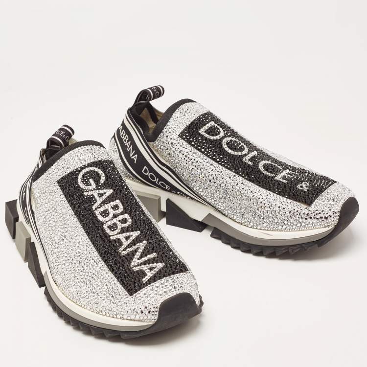 Pre Owned Dolce & Gabbana Silver/Black Fabric Crystal Embellished Sorrento Sneakers Size 41