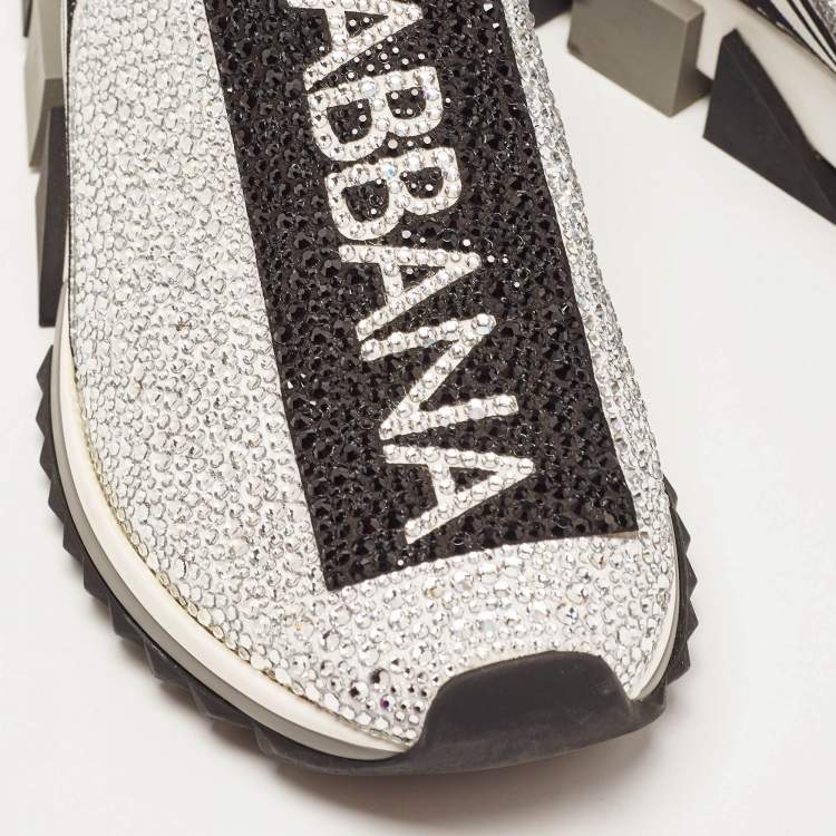 Pre Owned Dolce & Gabbana Silver/Black Fabric Crystal Embellished Sorrento Sneakers Size 41