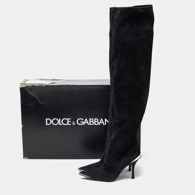 Pre Owned Dolce & Gabbana Black Suede Metal Over the Knee Boots Size 38.5