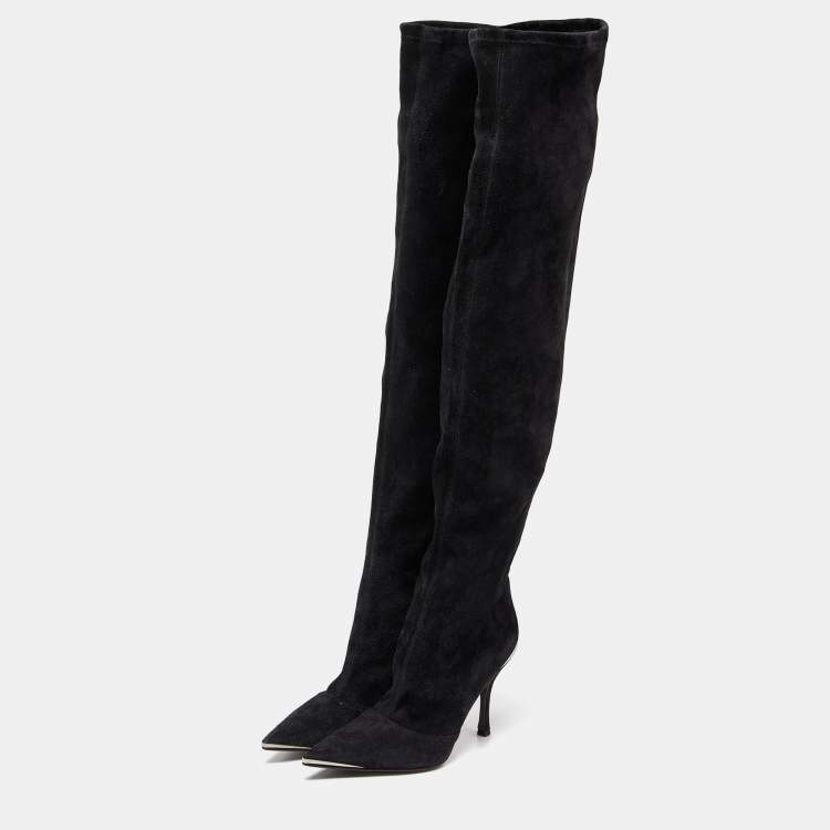 Pre Owned Dolce & Gabbana Black Suede Metal Over the Knee Boots Size 38.5