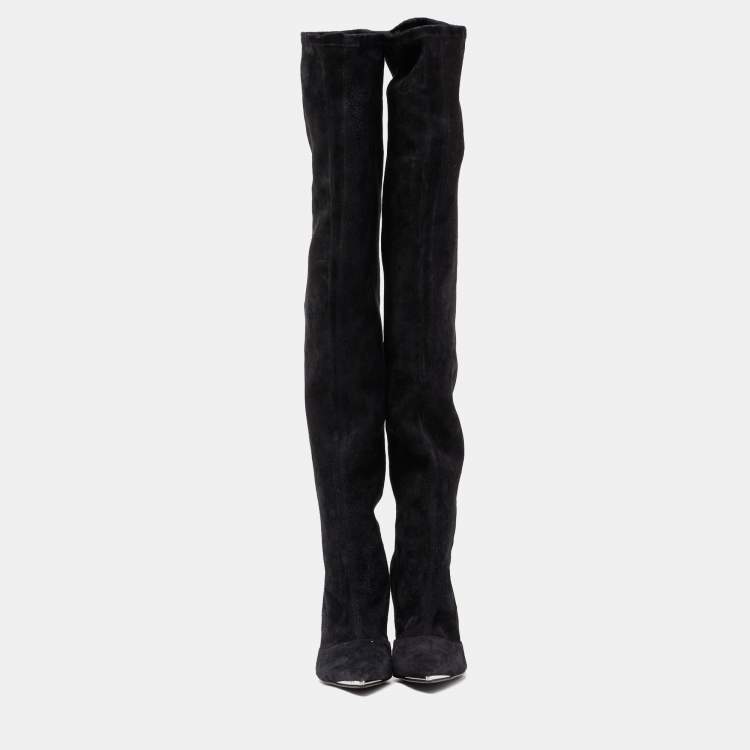 Pre Owned Dolce & Gabbana Black Suede Metal Over the Knee Boots Size 38.5